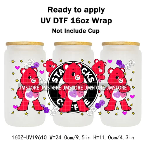 Cheerful Floral Hearts Cartoon Bears Clipart UV DTF Transfer Stickers Cup Tumbler Wrap For 16OZ Libbey Glass Bottle Cup Wraps