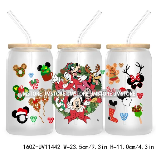 Merry Christmas Cartoon Couple 16OZ UV DTF Cup Wrap Ready To Apply For Libbey Glass Can Cup Tumbler Gingerbread Candy Cane Mouse