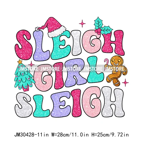 Colorful Holly Jolly Vibes Faux Glitter Christmas Santa Sleigh All Day Iron On DTF Transfers Stickers Ready To Press For Clothes
