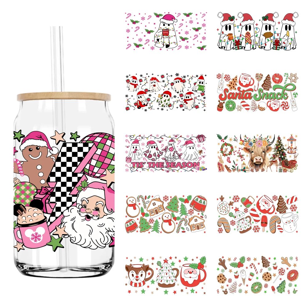 Christmas Santa Gingerbread 16OZ UV DTF Cup Wrap Transfer Sticker Custom Labels DIY Durable Waterproof Logo For Libbey Glass Can