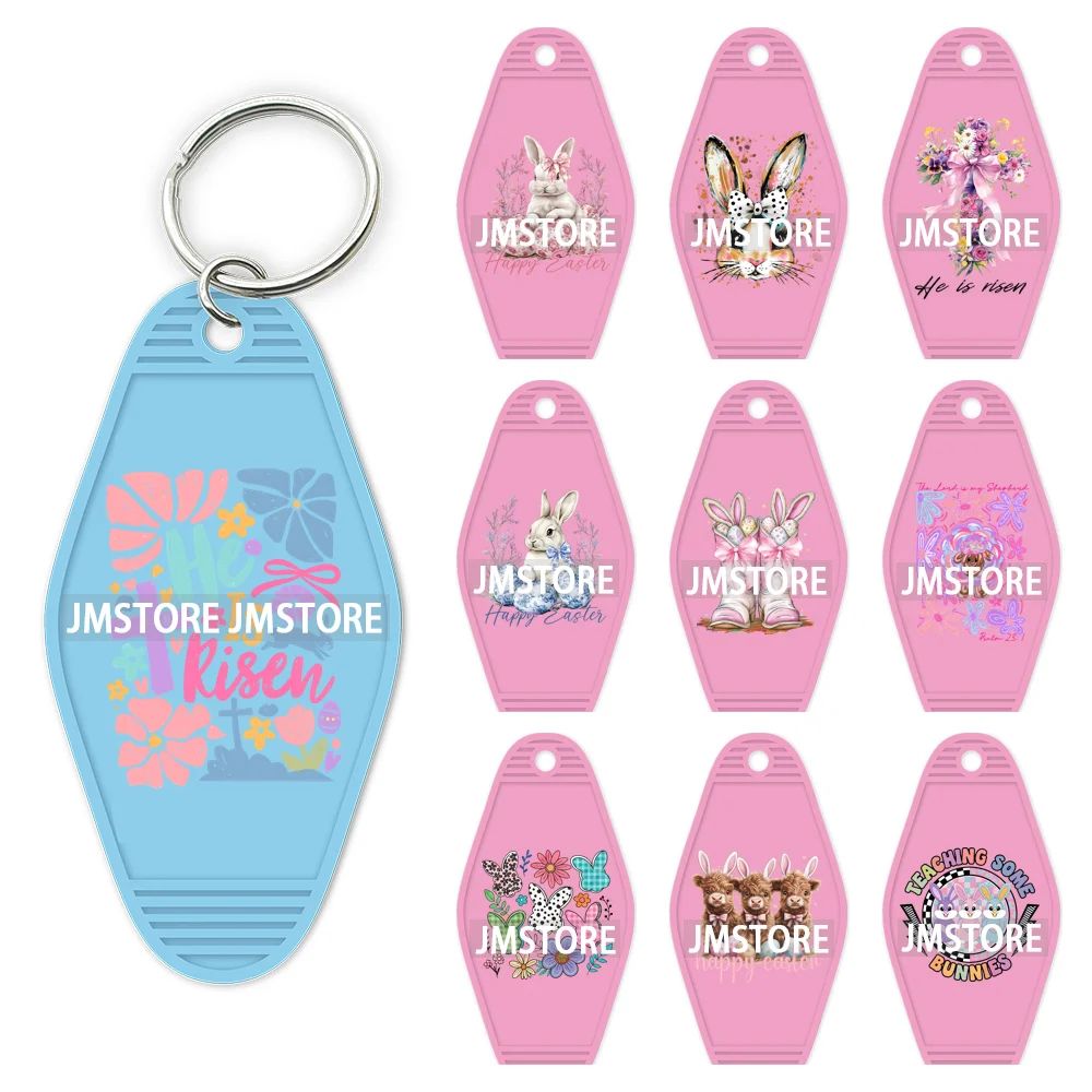 He is Risen Spring Easter Bunny Eggs Custom Logo WaterProof UV DTF Stickers For Motel Hotel Keychain Christian Easter Coquette