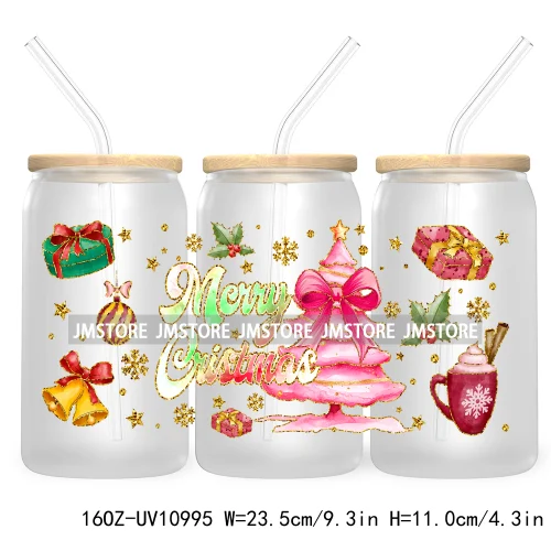 Coquette Glitter Holly Jolly Christmas Tree UV DTF Cup Wrap For Libbey Glass Can Transfer Stickers Waterproof Custom Labels Gift