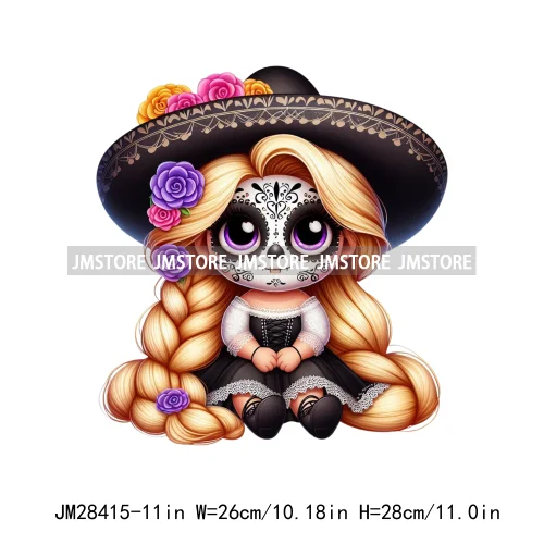 Colorful Day Of The Dead Catrina Princess Baby Girl Sombrero Hat Mexico Conchas Iron On DTF Heat Transfers Stickers For Clothing