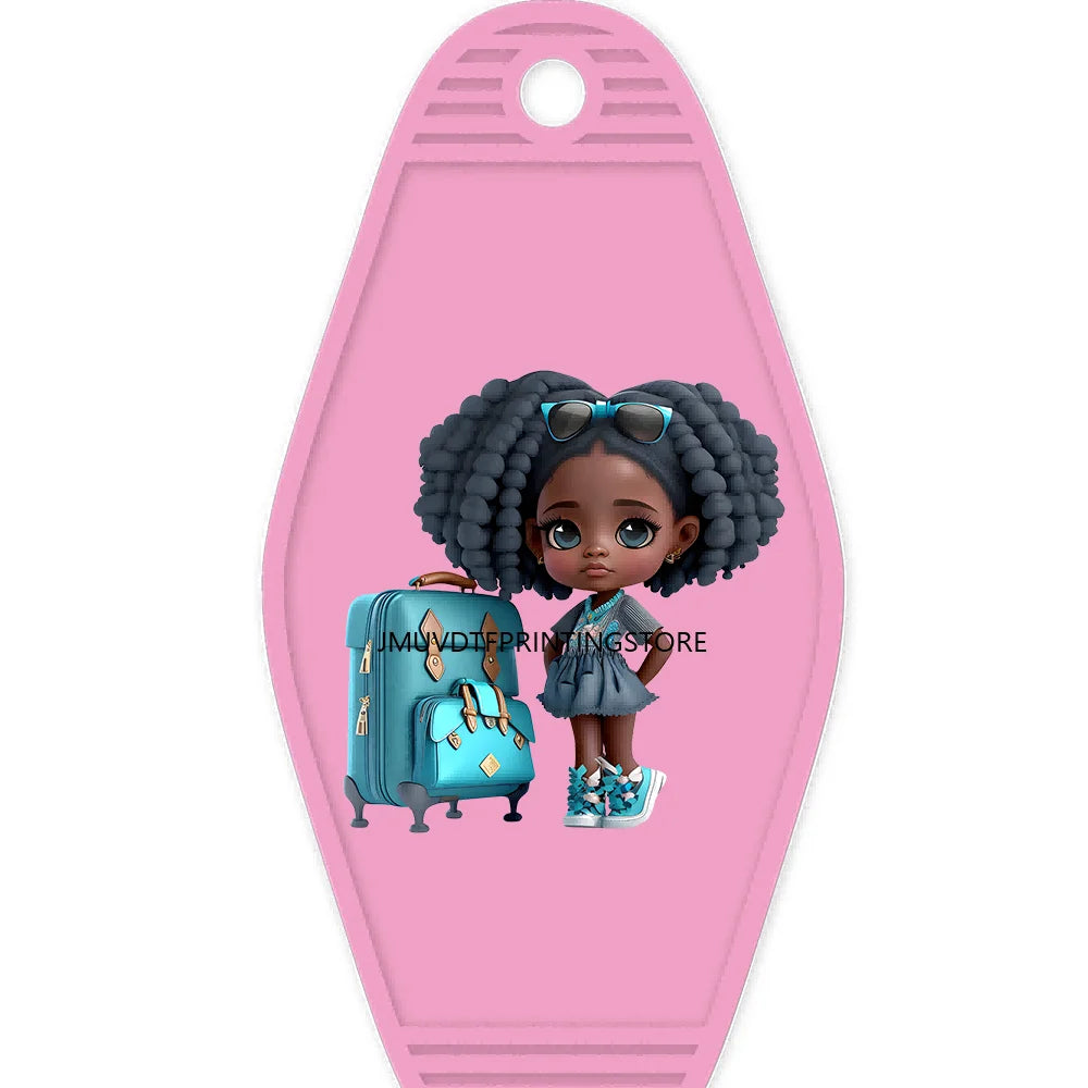 School Melanin Black Girls With Luggage High Quality WaterProof UV DTF Sticker For Motel Hotel Keychain Afro Children