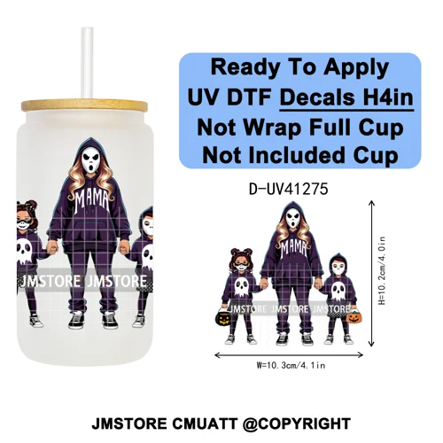 Family Halloween Horror Mama UV DTF Transfer Stickers Decals Ready To Apply Waterproof For 16OZ Libbey Glass Can Cups Tumbler