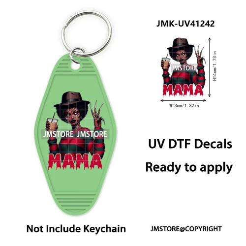 Horror Character Mama Coffee Lover UV DTF Motel Keychain Decal Ready To Ship Durable Transfer Stickers Prints For Hotel Keychain