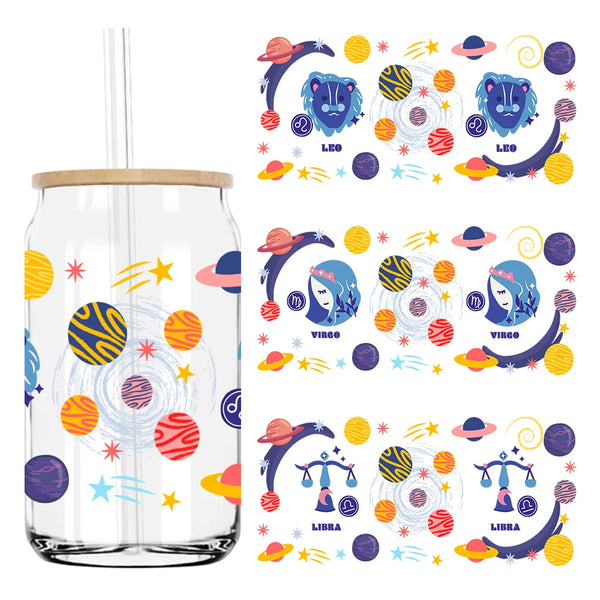 Fantasy Zodiac Signs With Planet UV DTF Sticker For 16OZ Libbey Glass Cup Can Wrap Transfer Sticker Custom Labels DIY Logo