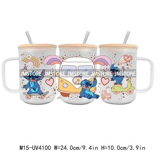 Cartoon Best Friends UV DTF Glass Can Wrap For 15OZ Mug Glass Cup Transfer Stickers DIY Custom Logo Labels Cute Cat Sunflowers