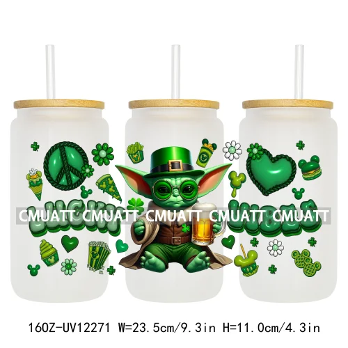 Happy St Patricks Cartoon Princess Characters Feeling Lucky Four Leaf Clover 16OZ UV DTF Cup Wrap Sticker For Libbey Glass Can