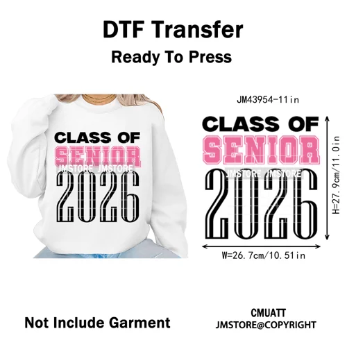 College Mega Senior 2K26 Coquette Class of 2026 Iron on Washable DTF Heat Transfers Stickers Ready to Press for Textiles Bags
