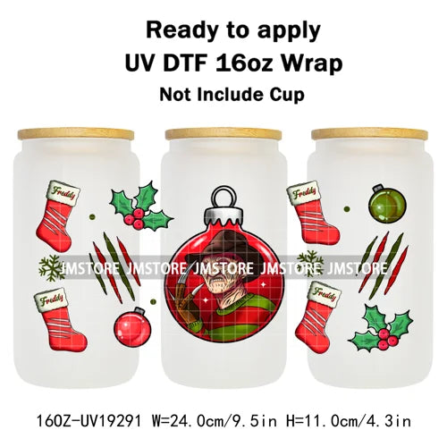Horror Killers Christmas Ball Stocking Season UV DTF Wraps Transfer Stickers Ready To Apply Waterproof For 16OZ Libbey Glass Can