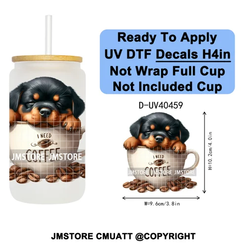 Puppy Coffee Dog Cartoon Pet Lover UV DTF Decals Ready To Apply Waterproof Transfer Stickers For 16OZ Libbey Glass Can Tumbler