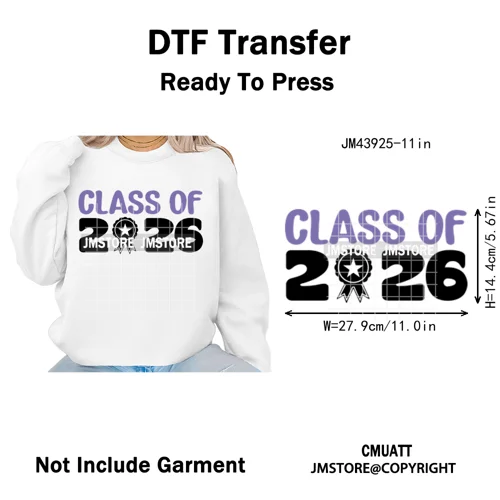 College Mega Senior 2K26 Coquette Class of 2026 Iron on Washable DTF Heat Transfers Stickers Ready to Press for Textiles Bags