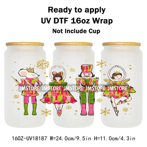 Faux Glitter Preppy Nutcracker Christmas UV DTF Cup Wrap Ready To Apply Transfer Sticker 16OZ Tumbler Wraps For Libbey Glass Can