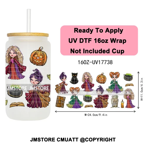 Horro Killer Witch Halloween UV DTF Cup Wrap Ready To Apply Transfer Stickers Waterproof 16OZ Tumbler Wraps For Libbey Glass Can