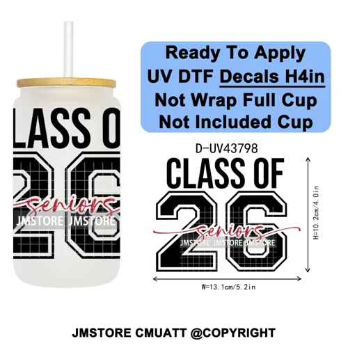 Fresh Class Of 2026 Senior Edition UV DTF Decals Ready To Apply Waterproof Transfer Stickers DIY Craft For 16OZ Libbey Glass Can