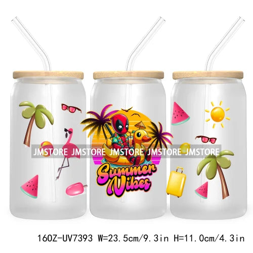 Summer Vibes 16OZ UV DTF Cup Wrap Transfers Stickers For Libbey Glass Can Cups Tumbler Waterproof Labels Cartoon Beach Vacation