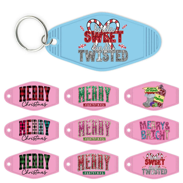 Merry Christmas Faux Glitter Sequins With Red And Green High Quality WaterProof UV DTF Sticker For Motel Hotel Keychain