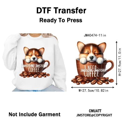 Funny Cartoon Pet Puppy Small Sleeping Cozy Coffee Dogs Lover Iron on DTF Washable Transfers Sticker Ready to Press for Clothing