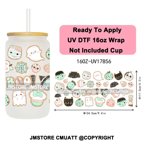 Halloween Cupcake Cartoon Character Ghost 16OZ UV DTF Cup Wraps Ready To Apply Waterproof Transfer Stickers For Libbey Glass Can
