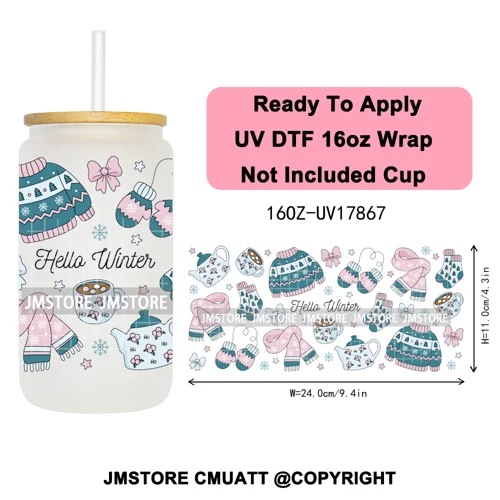 Coquette Christmas Spooky Ghosts UV DTF Cup Wrap Ready To Apply Transfer Stickers Custom 16OZ Tumbler Wraps For Libbey Glass Can