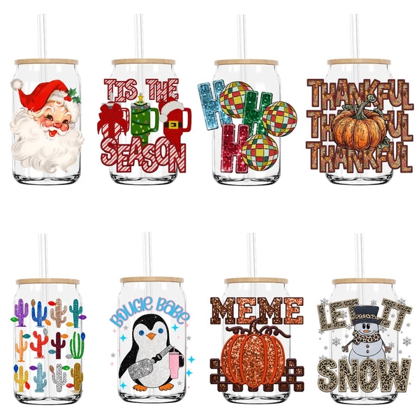 Faux Sequin Thanksgiving Christmas Vibes UV DTF Transfers Stickers Decals For Libbey Cold Cups Mugs Tumbler Waterproof DIY Craft