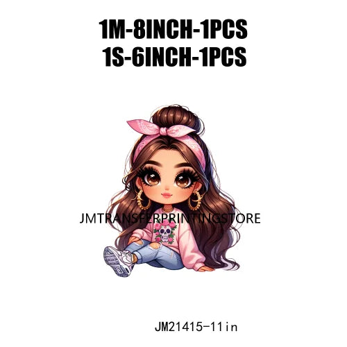 Pink Bow Long Hair Chibi Cute Chicana Doll Girls With Earing Washable Iron On DTF Transfers Stickers Designs For Sweatshirt