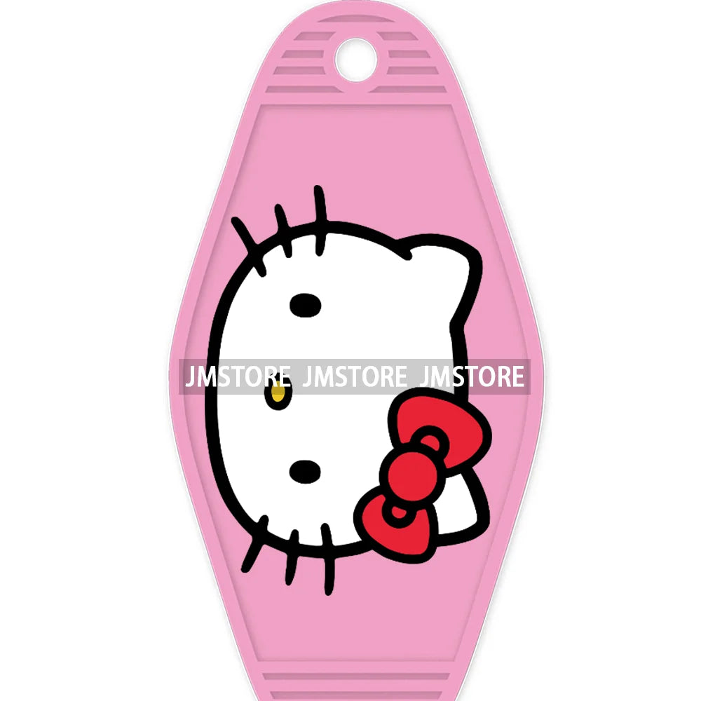 Cute Cartoon Pink Hello Cat With Bow Flower High Quality WaterProof UV DTF Sticker For Motel Hotel Keychain Labels DIY Logo