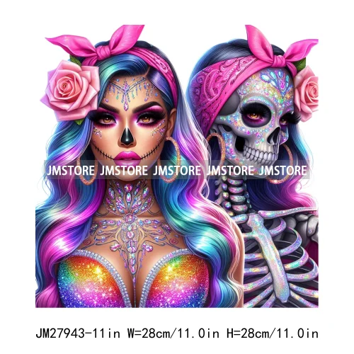 Raninbow Diamond Glamor Latina Skeleton Woman Rose Chicana  Earing Girls DTF Iron On Heat Press Transfer Stickers For Clothes