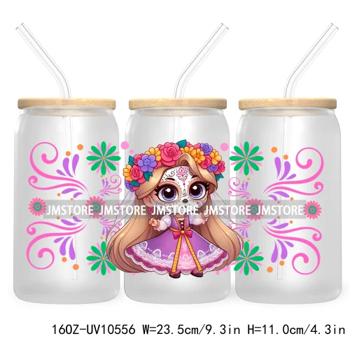 Dia De Los Muertos Mexican UV DTF Sticker For 16OZ Libbey Glass Cup Can Wrap Transfer Stickers Hispanic Halloween Sugar Skulls