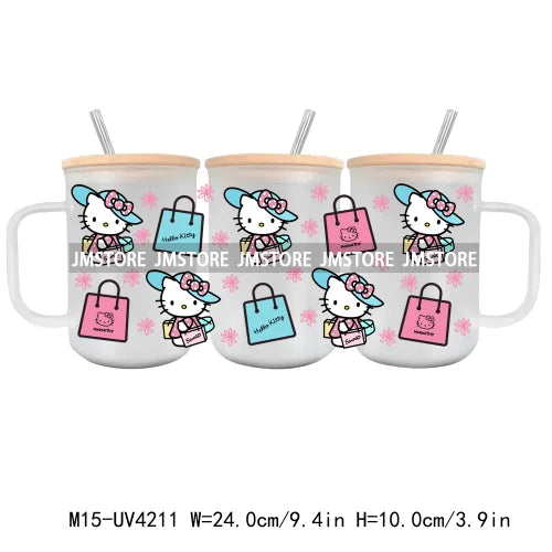 Cartoon Best Friends UV DTF Glass Can Wrap For 15OZ Mug Glass Cup Transfer Stickers DIY Custom Logo Labels Cute Cat Sunflowers