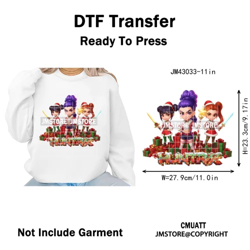 Kpop Hunters Merry Christmas Tiger Anime Lover Holiday Gift Iron on DTF Heat Transfers Stickers Ready to Press for Sweatshirts