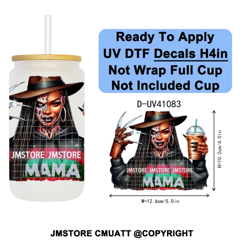 Scary Movie Character Afro Girls Halloween UV DTF Transfer Stickers Decals Ready To Apply Waterproof For 16OZ Libbey Glass Can