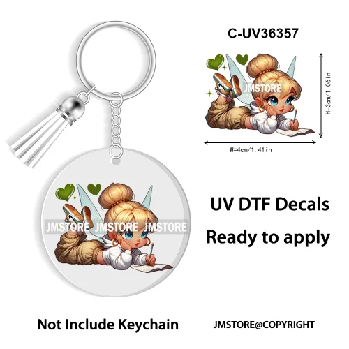 Cartoon Princess Reading Bookish UV DTF Decal Round Keychain Ready To Apply WaterProof Transfer Stickers For Circle Keychain