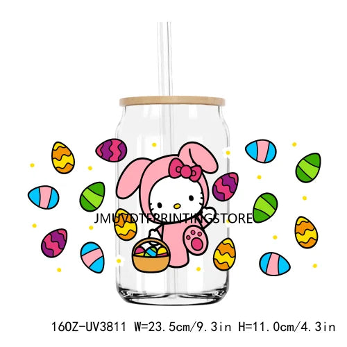 Cute Easter Bunny Cartoon UV DTF Sticker For 16OZ Libbey Glass Cup Can Wrap Transfer Sticker Custom Label DIY Logo Spring Flower