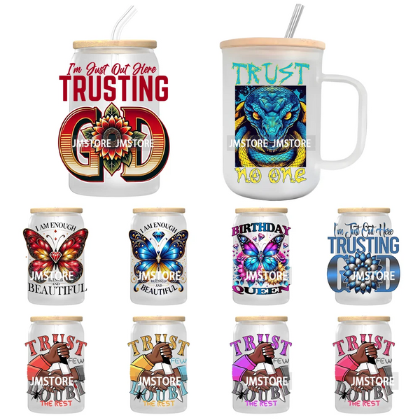 I'm Just Out Here Trusting God UV DTF Transfer Stickers Decals For Libbey Cold Cups Mugs Tumbler DIY Custom Logo Birthday Queen