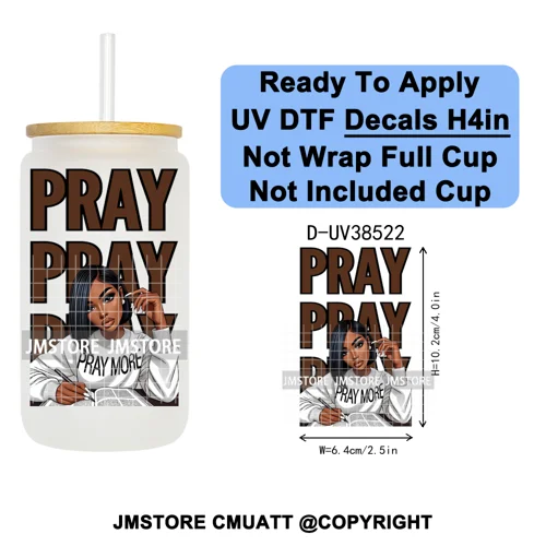 Black Girl Praying Faith Religious Women UV DTF Transfer Stickers Decals Ready To Apply Waterproof For 16OZ Libbey Glass Can Cup