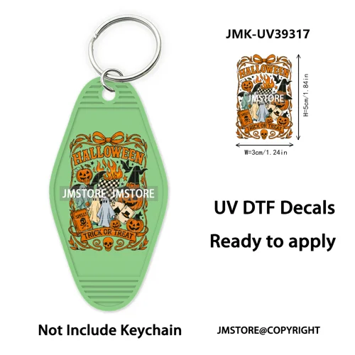 Faux Glitter Halloween Ghost Pumpkin Season UV DTF Motel Keychain Decal Ready To Ship Transfer Stickers Print For Hotel Keychain