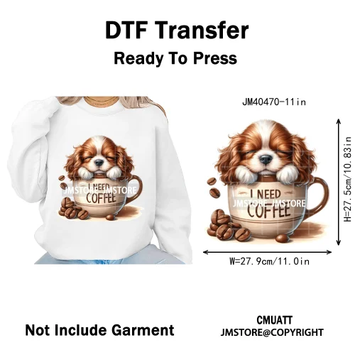 Funny Cartoon Pet Puppy Small Sleeping Cozy Coffee Dogs Lover Iron on DTF Washable Transfers Sticker Ready to Press for Clothing