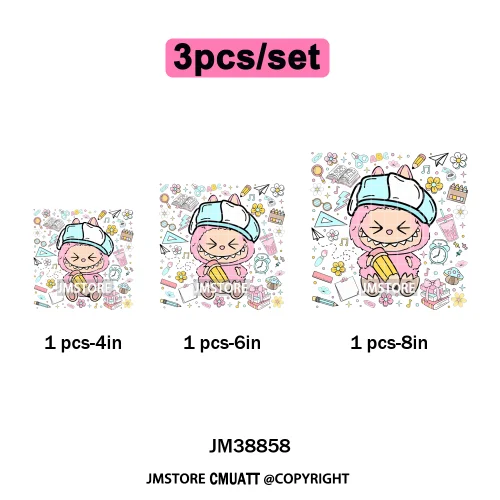 Floral Cute Checkered Cartoon Monster Character Iron on DTF Washable Transfers Stickers Designs Ready to Press for Textile Bags