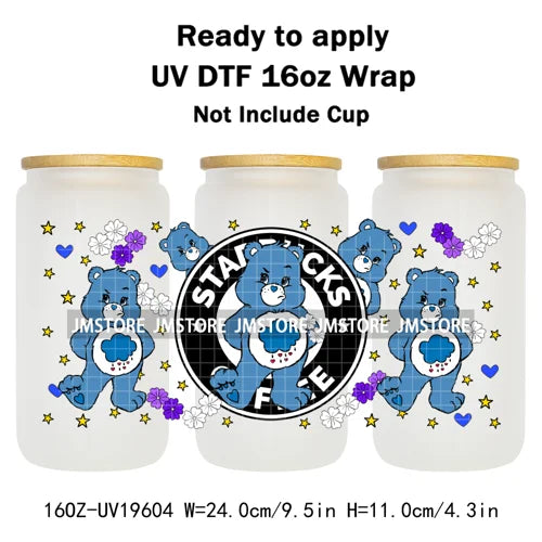 Cheerful Floral Hearts Cartoon Bears Clipart UV DTF Transfer Stickers Cup Tumbler Wrap For 16OZ Libbey Glass Bottle Cup Wraps