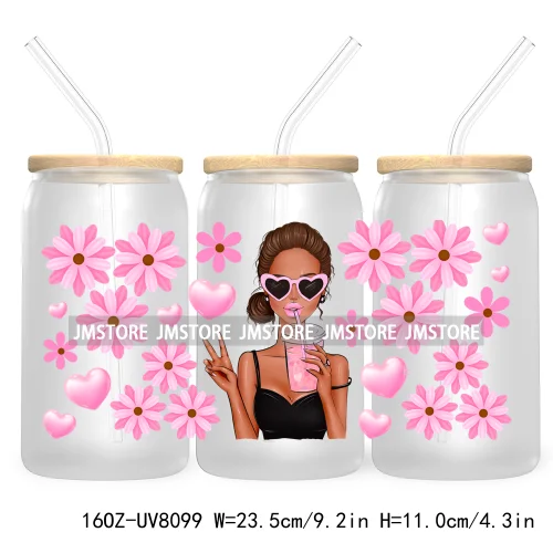 Woman With Bubble Gum Pink UV DTF Sticker For 16OZ Libbey Glass Cup Can Wrap Transfer Stickers Custom Labels DIY Logo Messy Bun