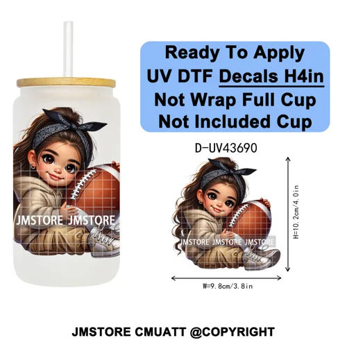 Cute Latina Baby Girl American Football UV DTF Cup Decals Ready To Apply Transfer Stickers Durable For Libbey Glass Can Tumbler