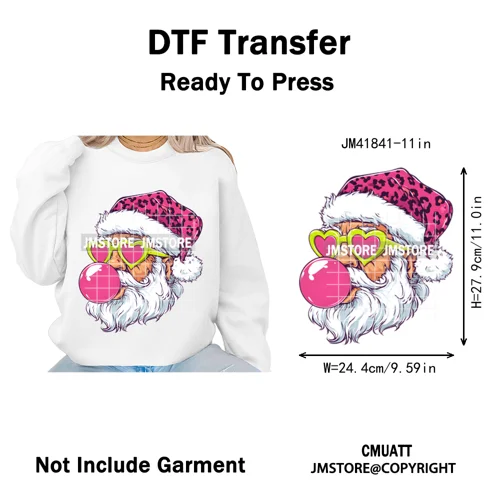 Pink Cartoon Glasses Coffee Drink Leopard Blowing Santa Claus Christmas Iron on DTF Transfer Stickers Ready to Press for T-shirt