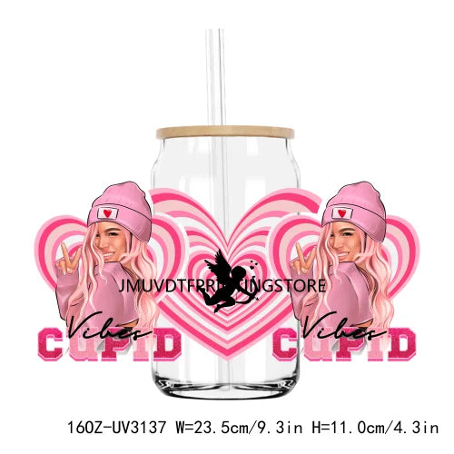 Pink Valentines Bichota Cupid Vibes 16OZ UV DTF Cup Wrap Transfers Stickers Custom DIY Waterproof Logo For Libbey Glass Can XOXO