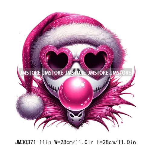 Horror Pink Christmas Bright Light Blowing Bubble Cartoon Character Iron On DTF Transfers Stickers Ready To Press For Hoodies