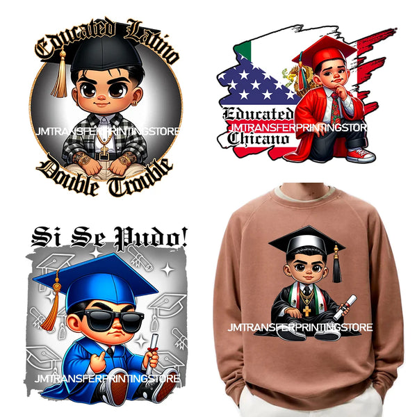 Chicano Graduation Chibi Style Boy Logos Si Se Pudo Educated Latino Double Trouble Man DTF Heat Transfer Stickers For Clothes