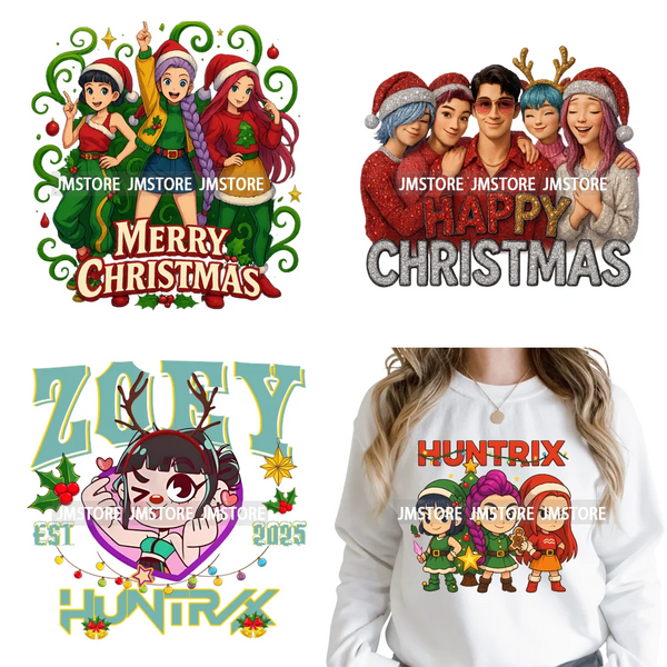 Cute Santa Kpop Inspired Movie Character Merry Christmas Holly Iron on DTF Washable Transfer Stickers Ready to Press for Textile
