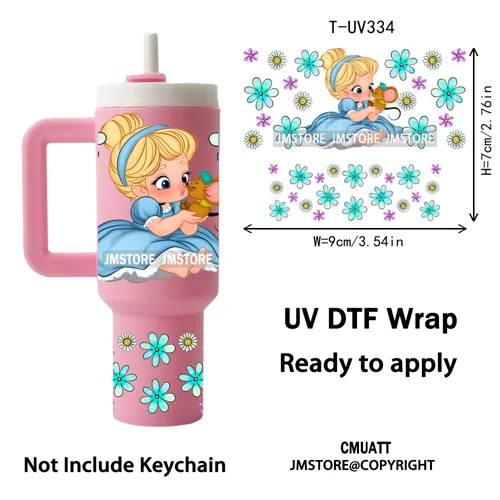 Watercolor Little Girl Cartoon Princess Flowers UV DTF Wraps Ready To Use Transfer Stickers Waterproof For Mini Tumbler Keychain