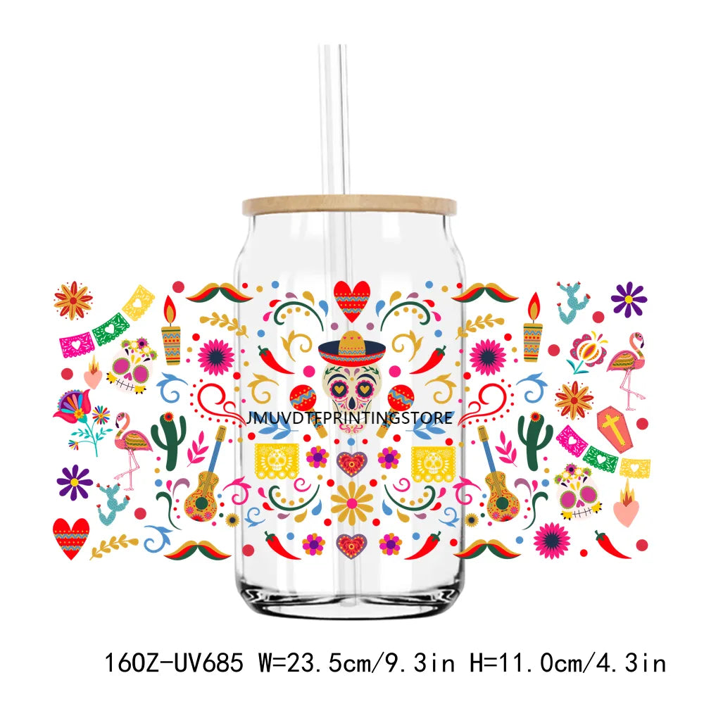 Mexican Sugar Skull 16OZ UV DTF Cup Wrap Transfers Stickers Custom Labels DIY Durable Waterproof Logo For Libbey Glass Can